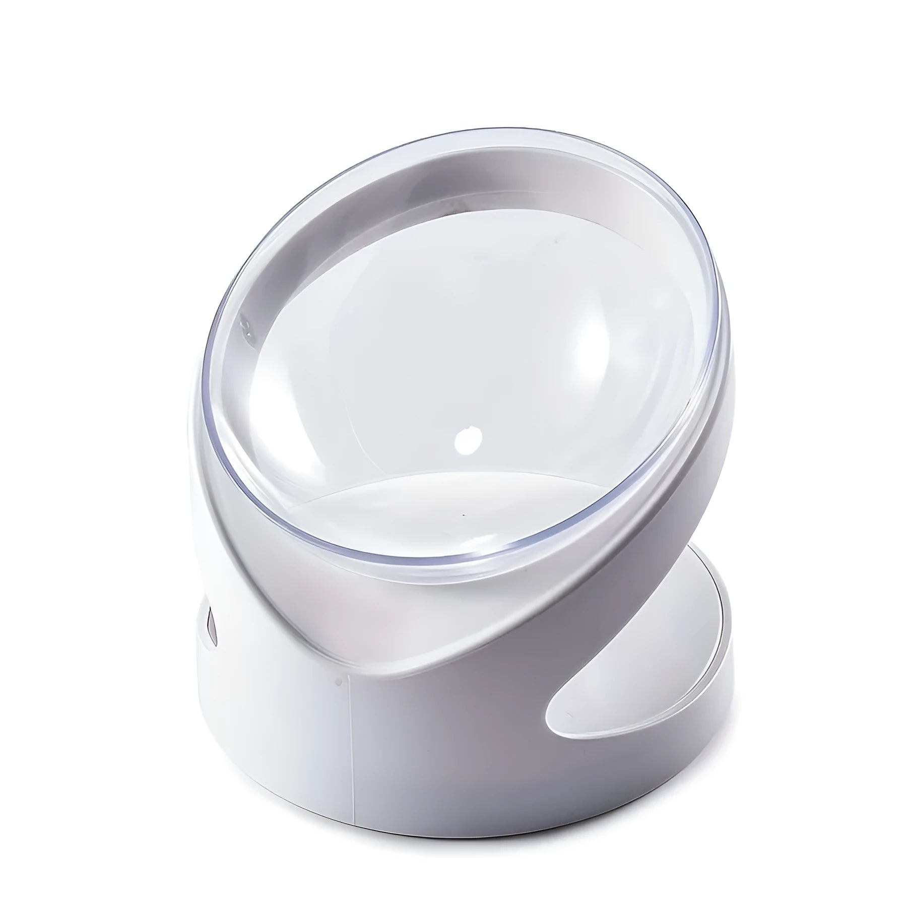 White elevated clear plastic cat food bowl with a tilted feeding surface for neck support.