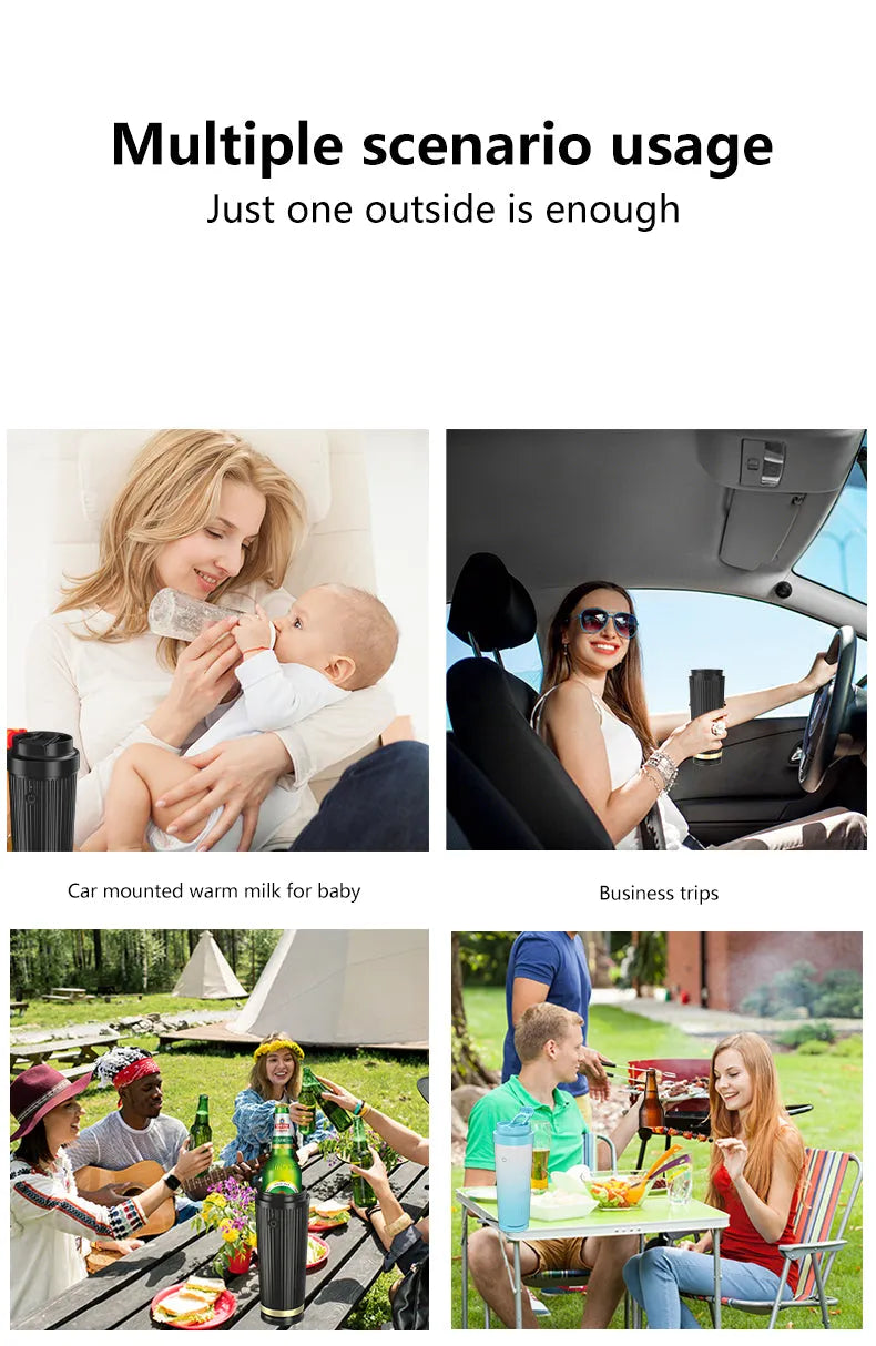 Black 36W car-mounted smart heating and cooling cup with 12V plug, size 111x96x235mm
