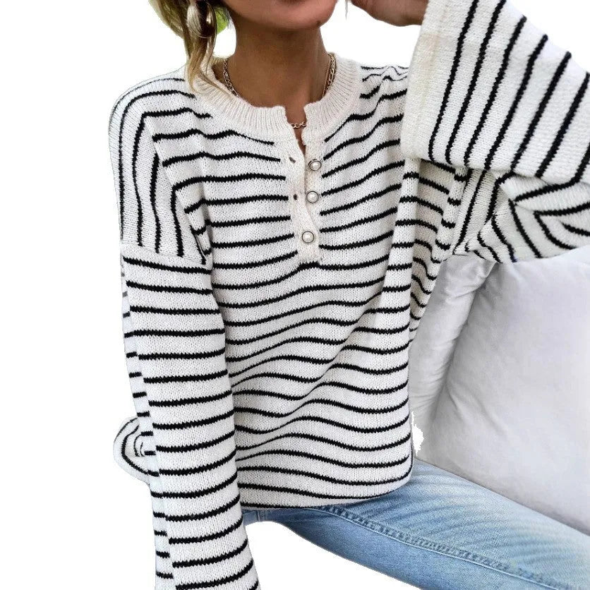 Black striped women's casual top with drop-shoulder sleeves made from viscose fibre knitted fabric