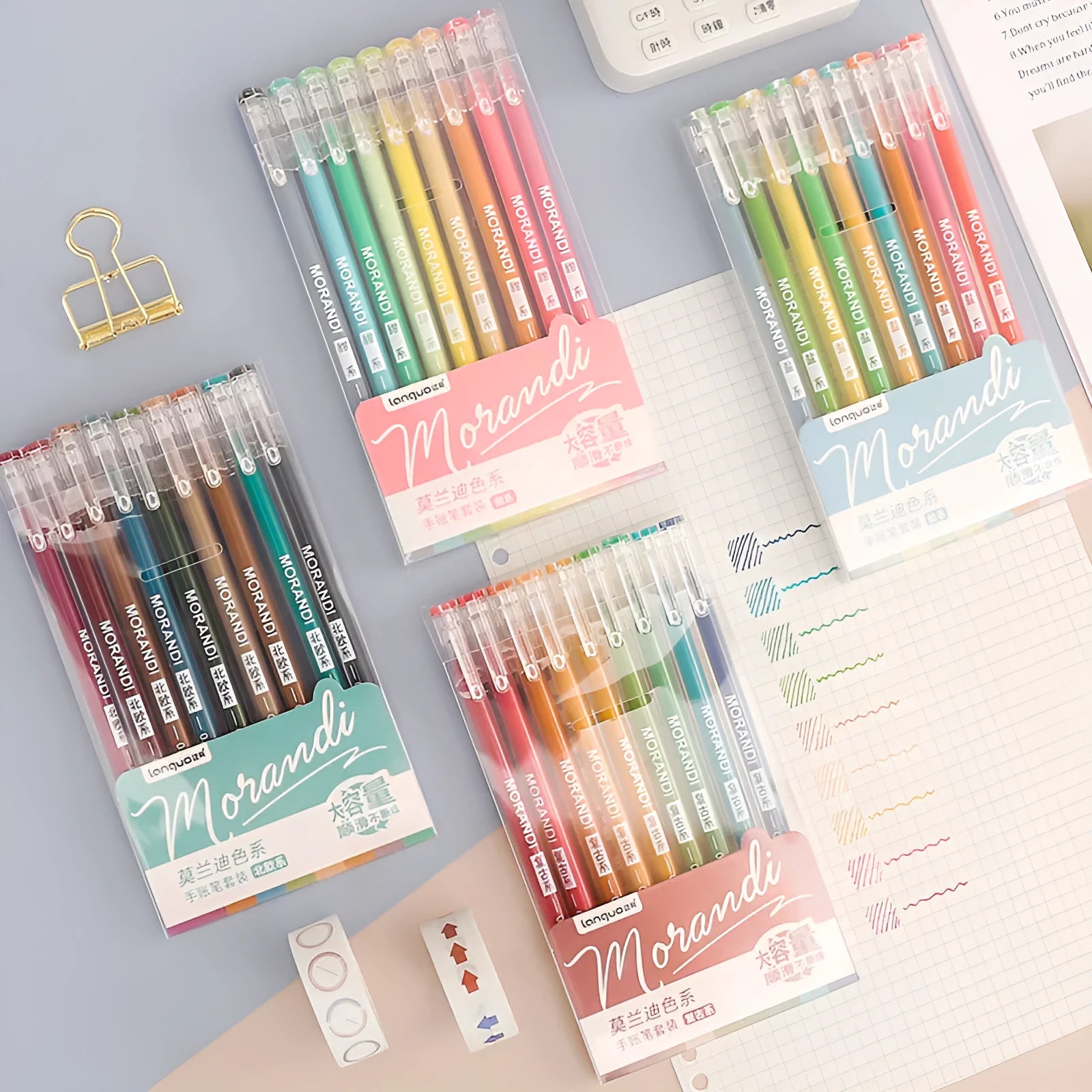 Set of nine retro-style coloured gel pens with 0.5mm needle tips on a white background.