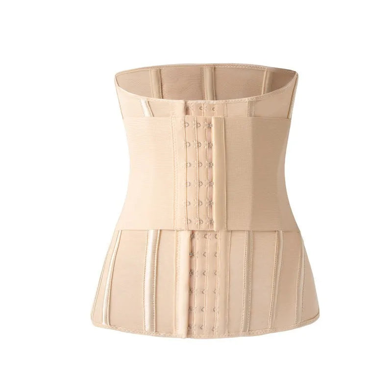 Black nylon belly band waist trainer with belt tie, laid flat.