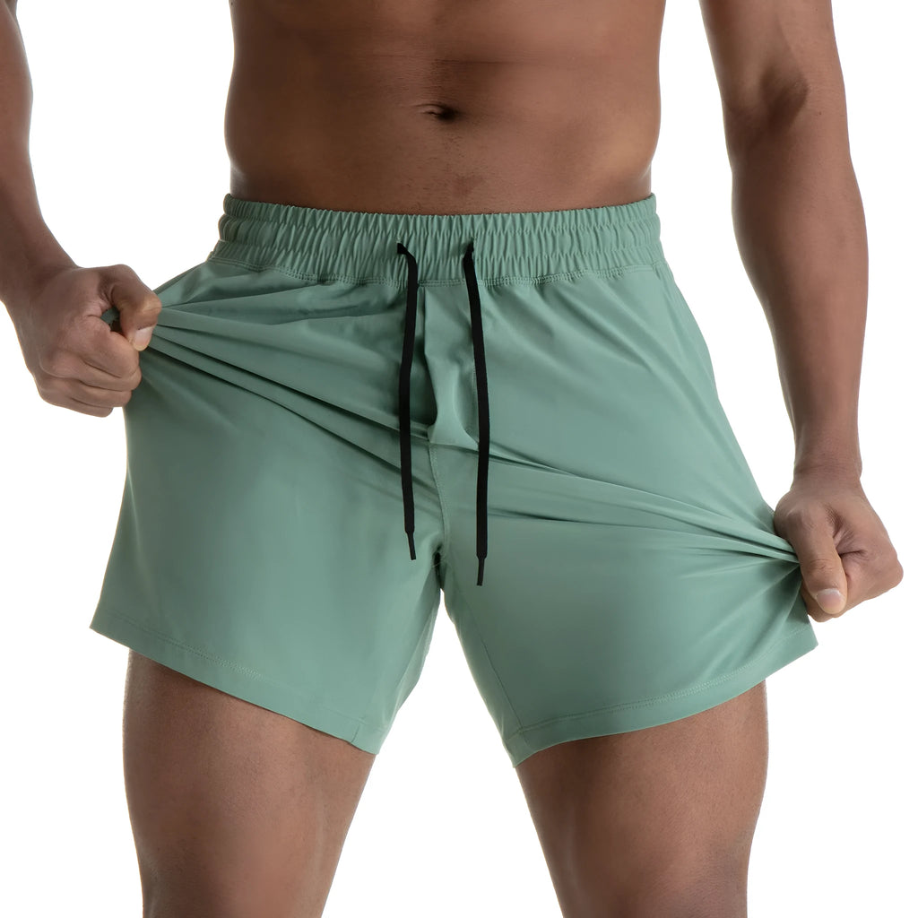 Men's black quick-dry exercise shorts with mesh stitching detail