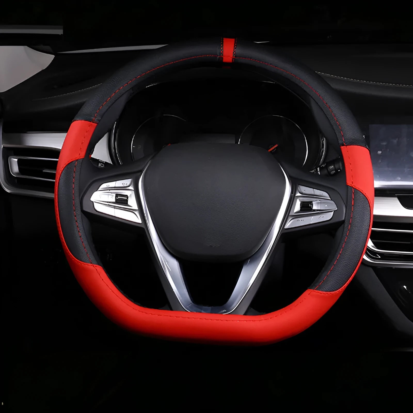 Leather steering wheel cover showing round and D-shaped styles in multiple colours for 38cm diameter wheels