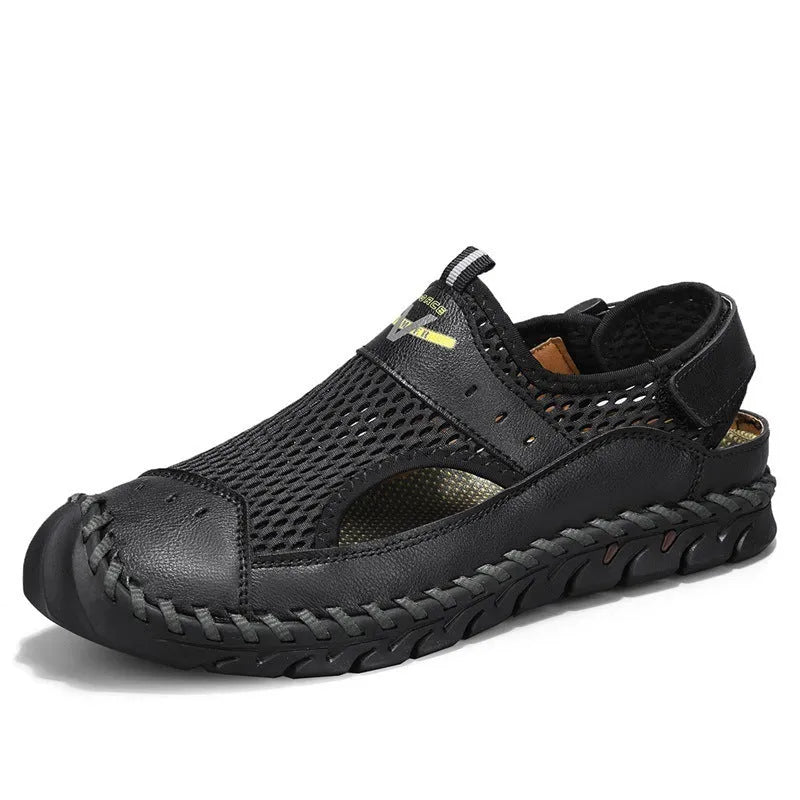 Men's brown genuine leather low-top casual shoes with an elastic band and flat rubber sole.