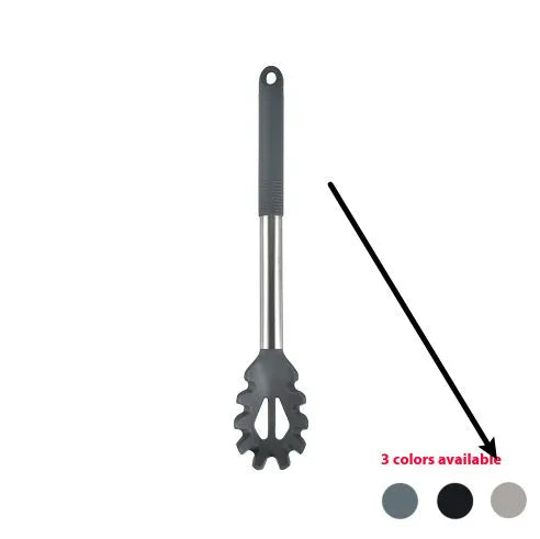 Black silicone kitchen utensil set with 12 tools in a rotating storage bucket on a kitchen countertop