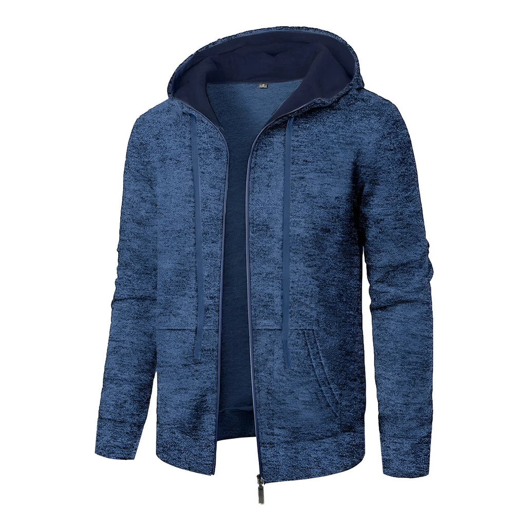 Men's solid colour jacquard hooded coat in denim blue, front view, loose fit with long sleeves