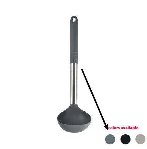 Black silicone kitchen utensil set with 12 tools in a rotating storage bucket on a kitchen countertop