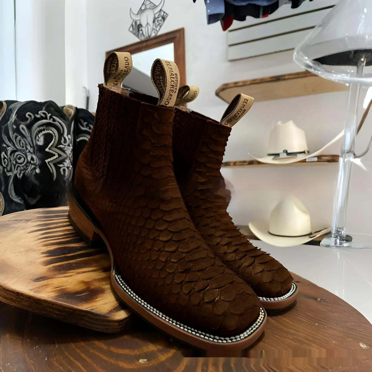 Men's retro ankle boots with square toe and striped pattern, artificial PU upper, shown in black.