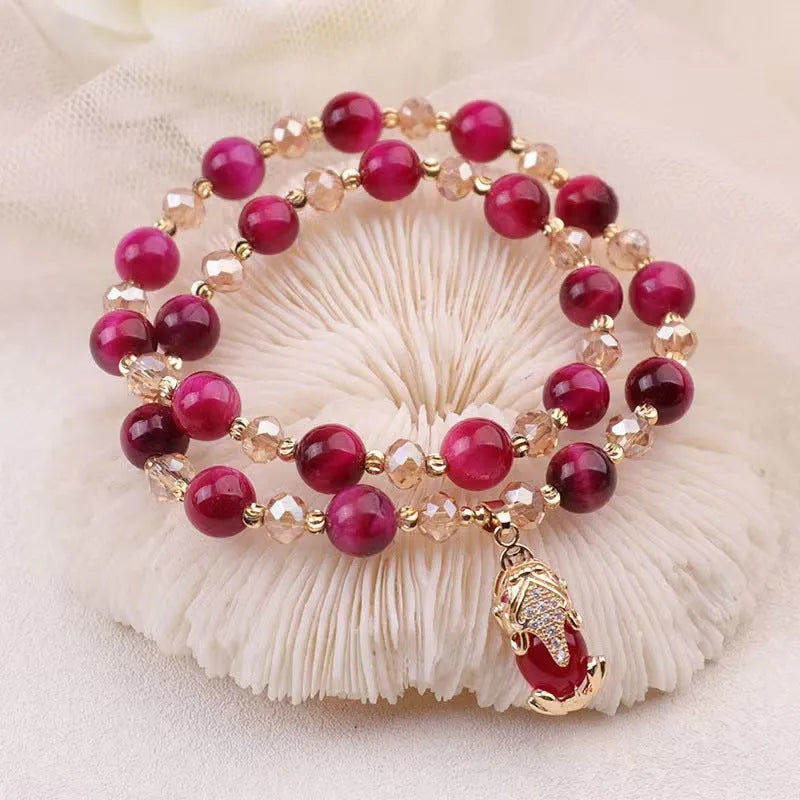 Handmade double chain and single chain Tiger's Eye gemstone bracelet in Fox and Pixiu styles.