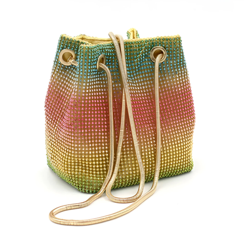 Rainbow coloured rhinestone bucket bag with soft structure and open top, showing sparkling texture.