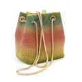 Rainbow coloured rhinestone bucket bag with soft structure and open top, showing sparkling texture.