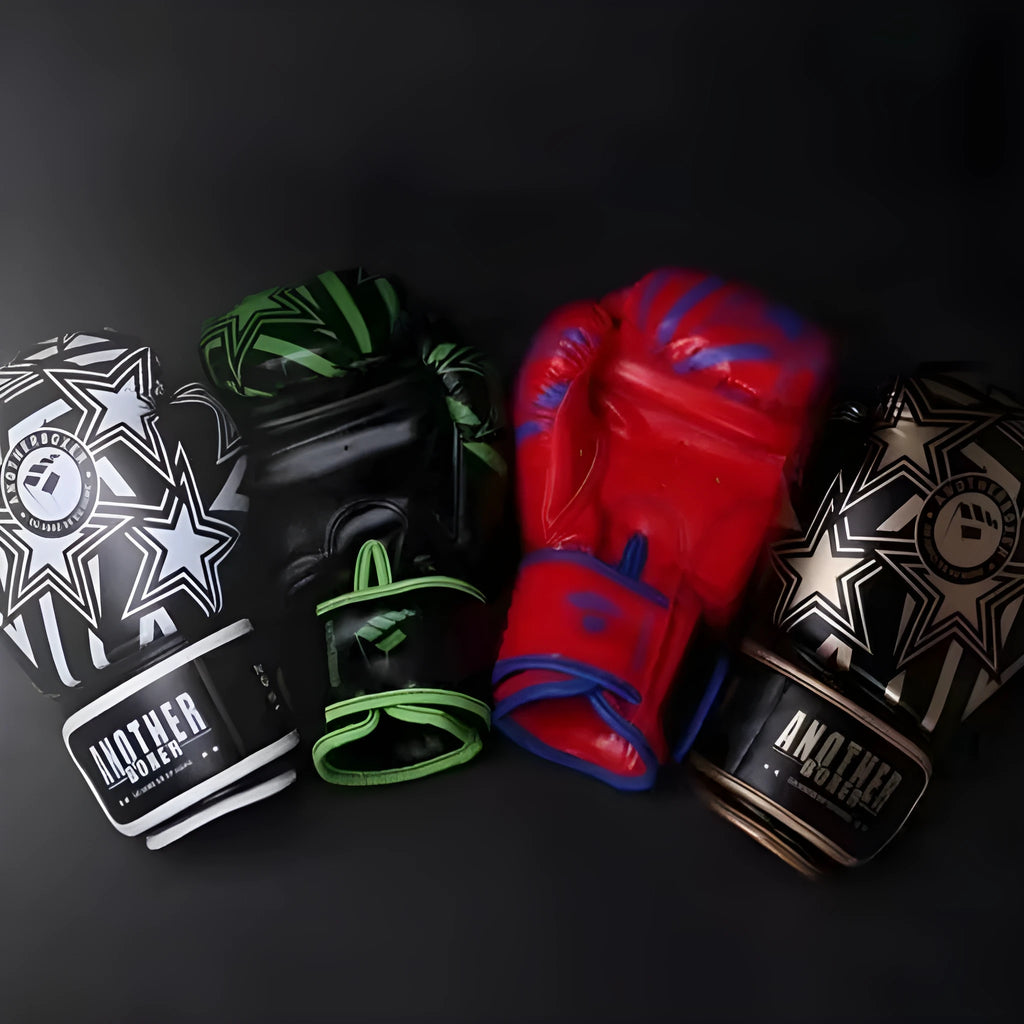 Pair of children's boxing gloves in red PU leather with vertical cuff, shown on a blue background.