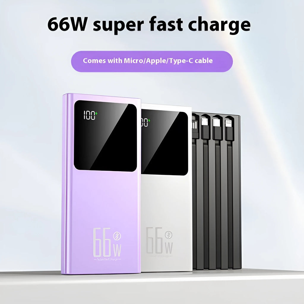 Ultra-thin portable mini power bank in black, white, purple, or blue, 145 x 68 x 15mm, plastic shell, fast charging.