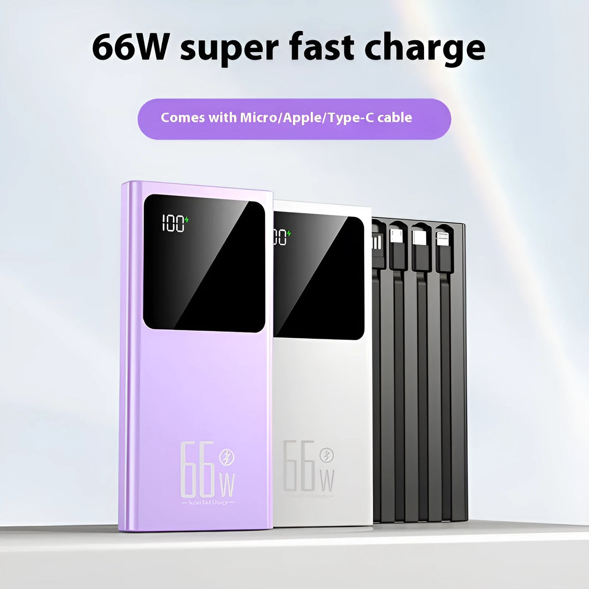 Ultra-thin portable mini power bank in black, white, purple, or blue, 145 x 68 x 15mm, plastic shell, fast charging.