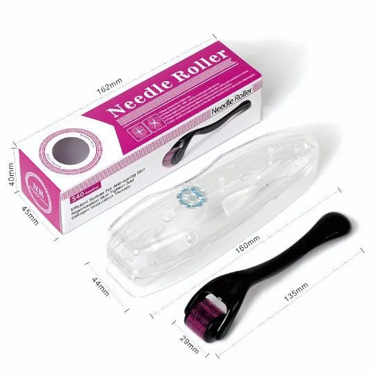 Black and purple derma rollers with 540 titanium microneedles, shown with size options from 0.2mm to 1.0mm.