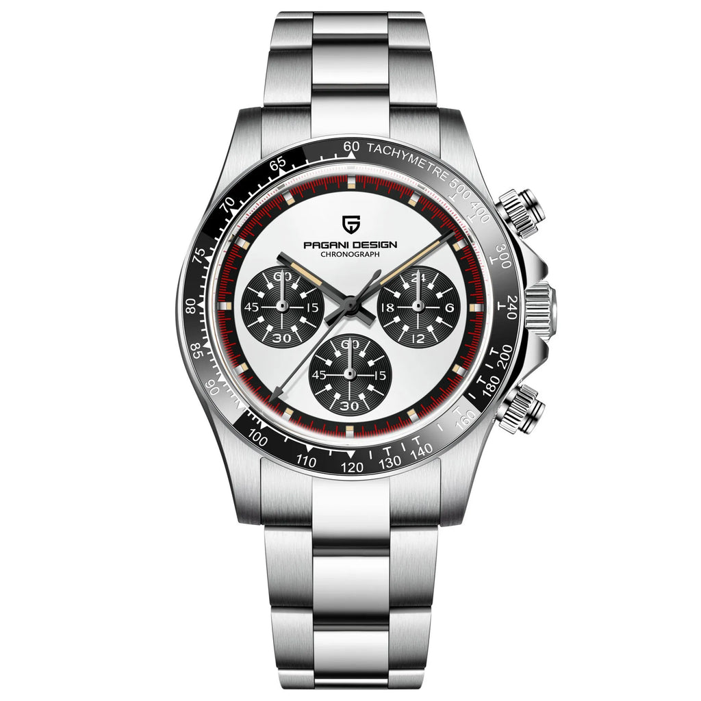 Berjani men's stainless steel chronograph watch with black dial and metal bracelet.