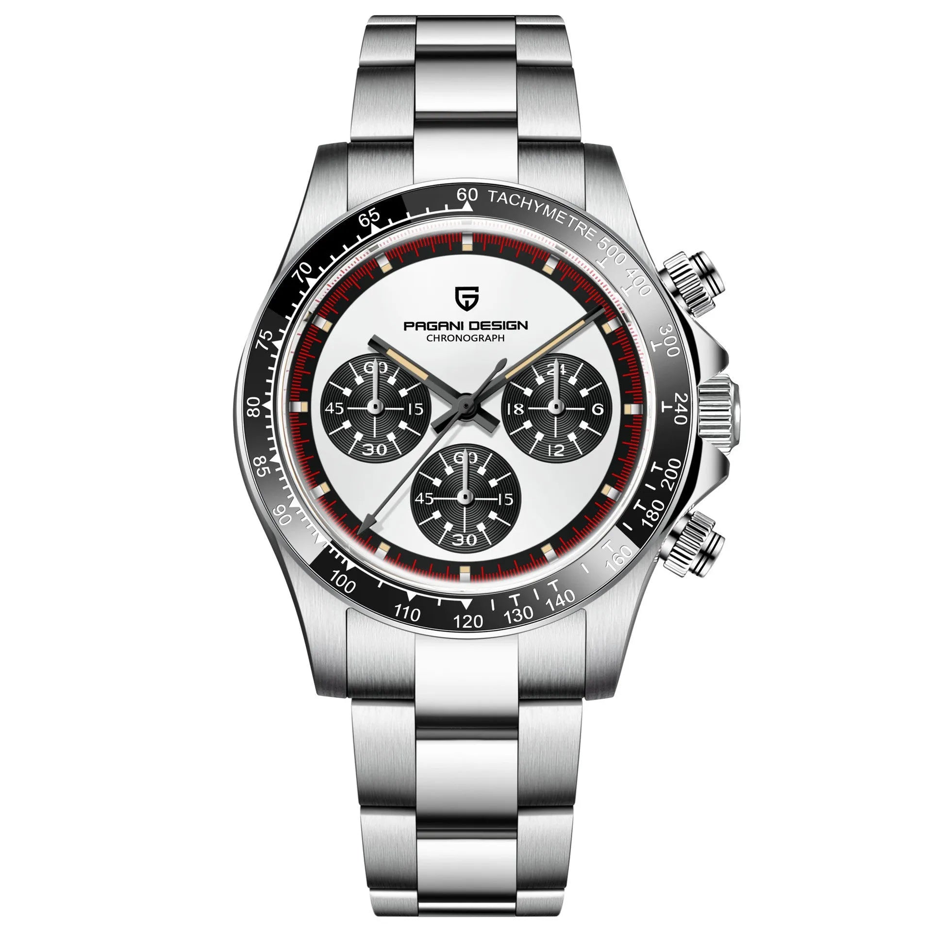 Berjani men's stainless steel chronograph watch with black dial and metal bracelet.
