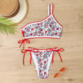 Women's blue floral one-shoulder bikini set with briefs bottom on mannequin