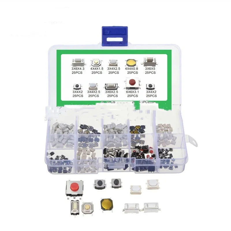 Box containing 250 silver SMT tactile push button switches for surface mount soldering onto circuit boards.