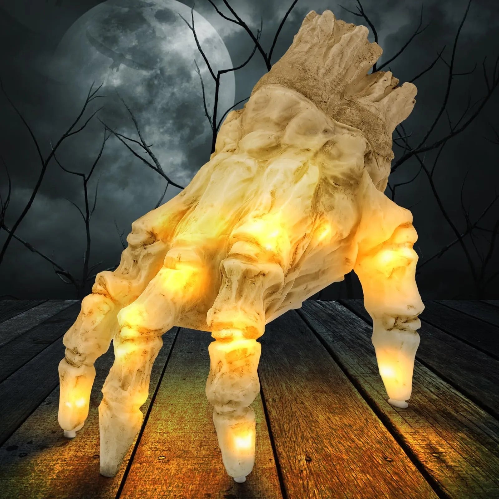 Halloween electric luminous crawling hand on floor, glowing warm colour, vinyl zombie hand with spooky sound