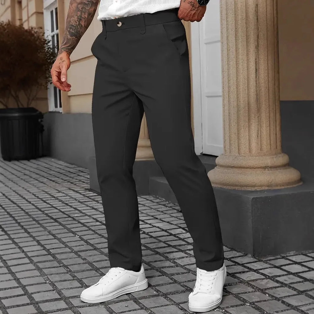 Men's straight-leg business casual trousers in apricot colour on a hanger.