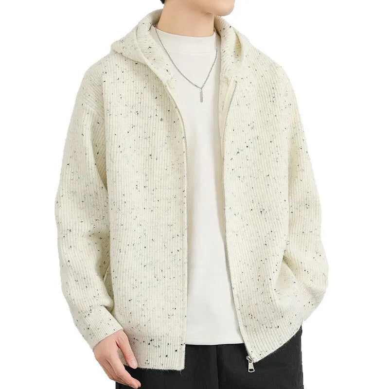Hooded thickened cardigan sweater in apricot, loose fit, polyester blend, front view