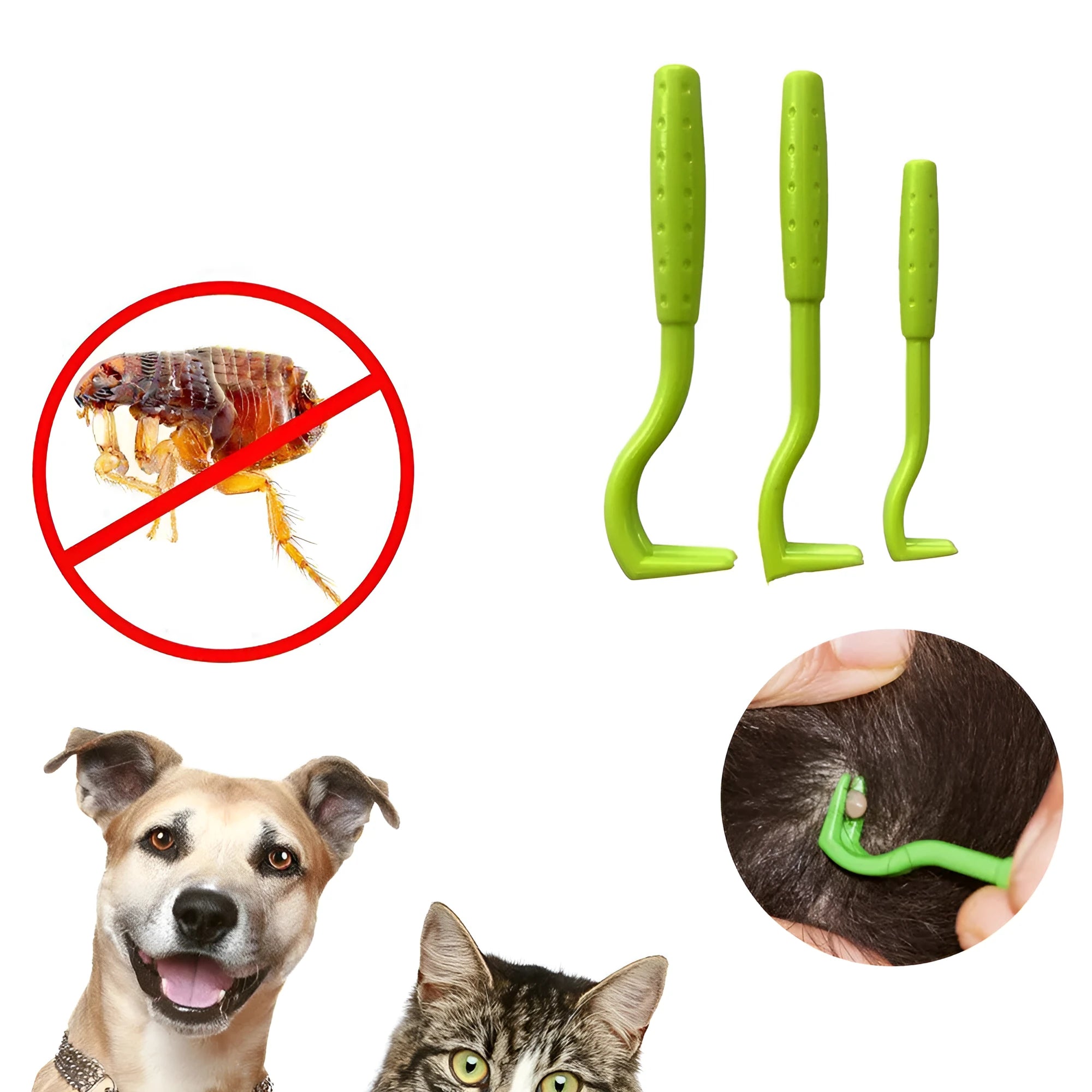 Three blue plastic tick removal hook clips for dogs and cats on a white background.
