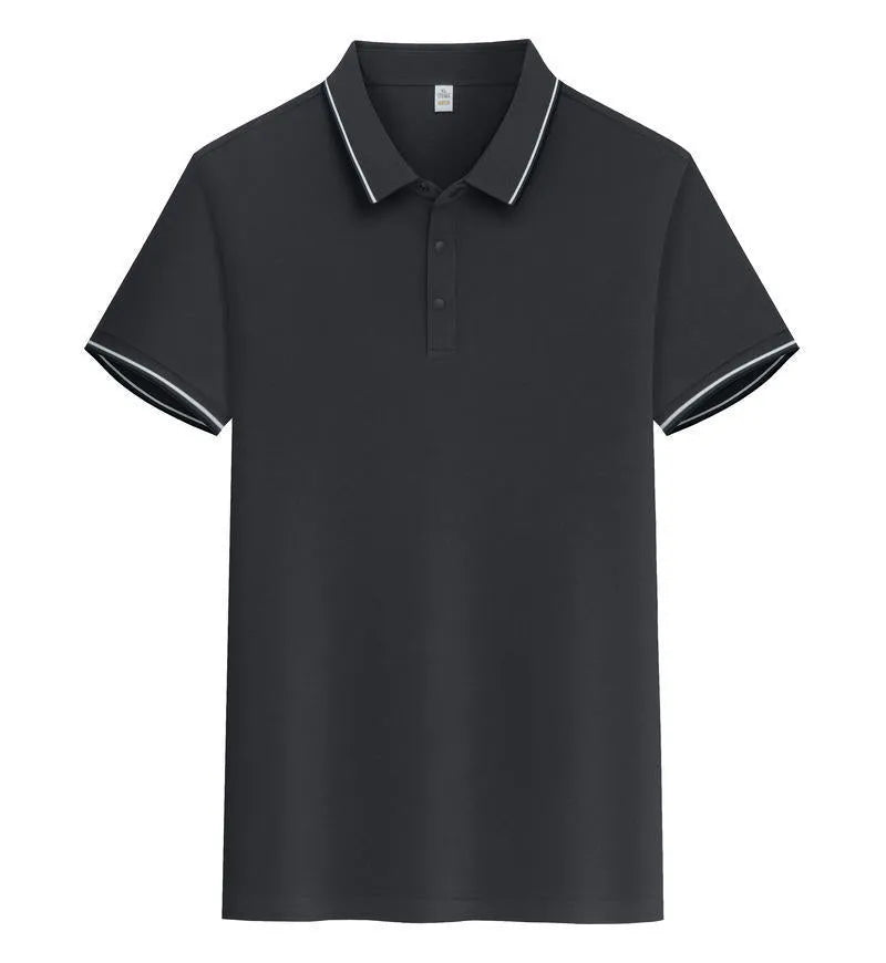 Man wearing a pure cotton short sleeve polo shirt with a lapel collar in a light blue colour.