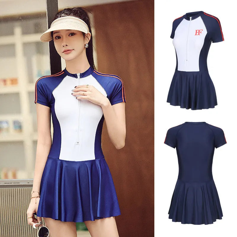 Conservative ladies sports one-piece swimsuit with colour-matched pattern for athletic activities