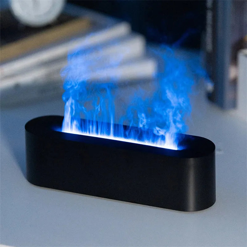 White square DQ709 flame aroma diffuser humidifier with glowing orange flame effect and water mist.