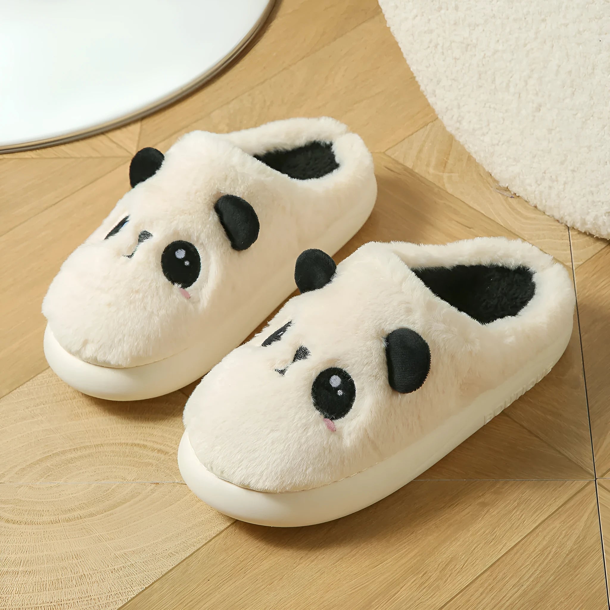 Panda pattern cotton and linen toe ring slippers with non-slip PVC soles in adult unisex sizing