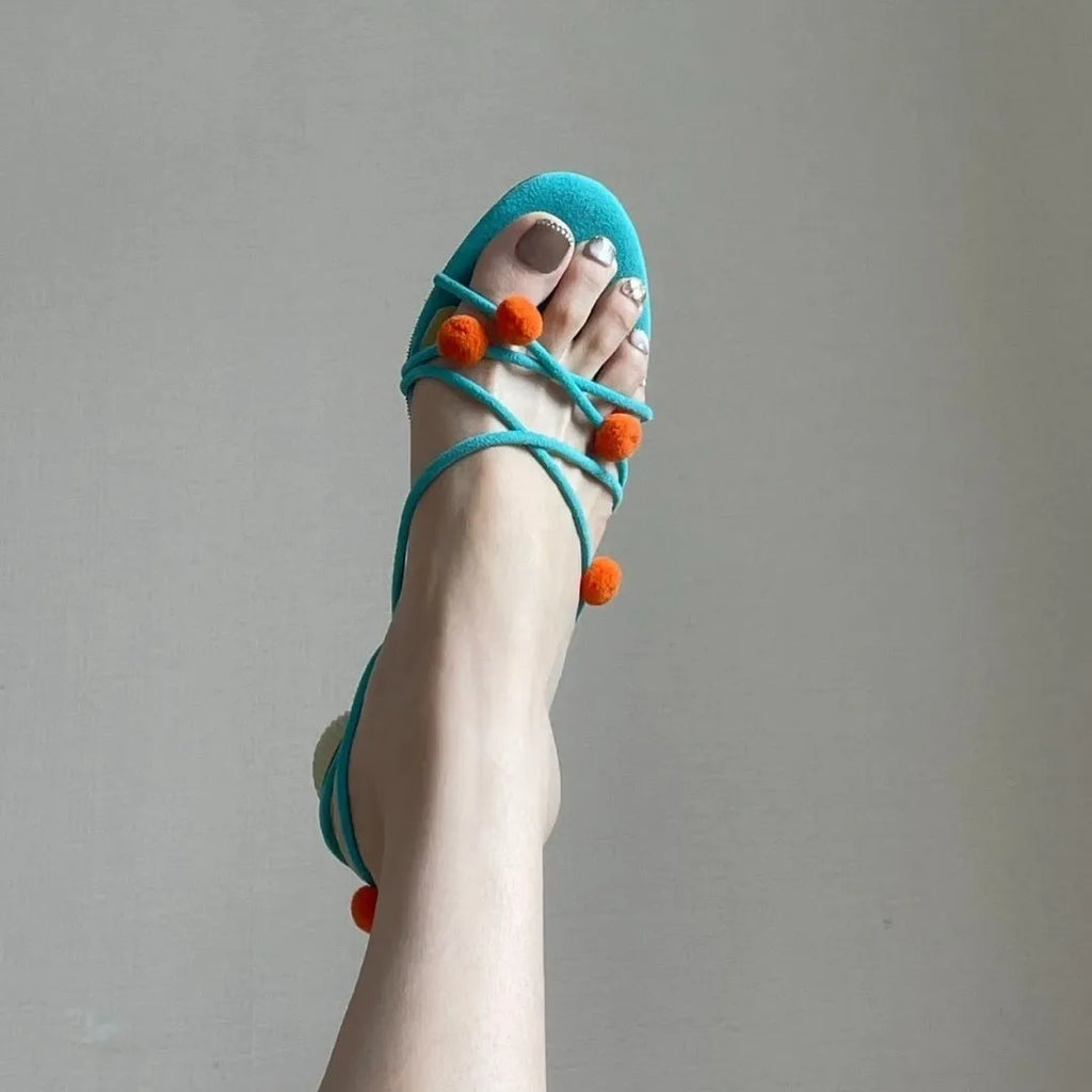 Cyan French genuine leather high-heeled sandals with niche ball lace-up design and open toe