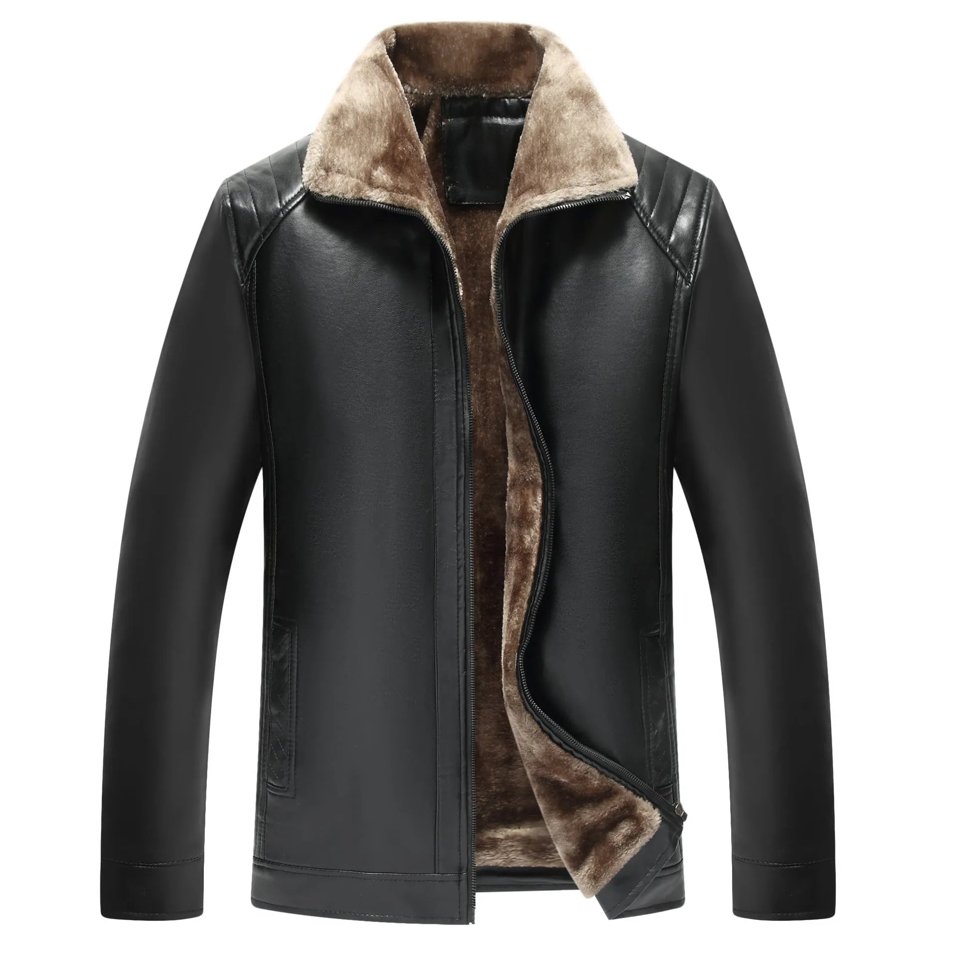 Casual fur-lined artificial leather jacket for older men in brown, side seam pockets, winter wear