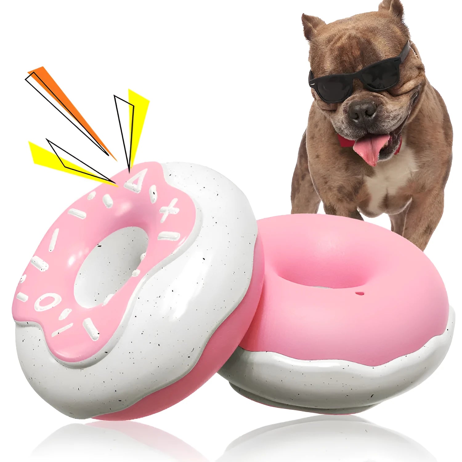 Pink, yellow, and chocolate ball coloured donut dog toy for molar teeth cleaning with sound feature.