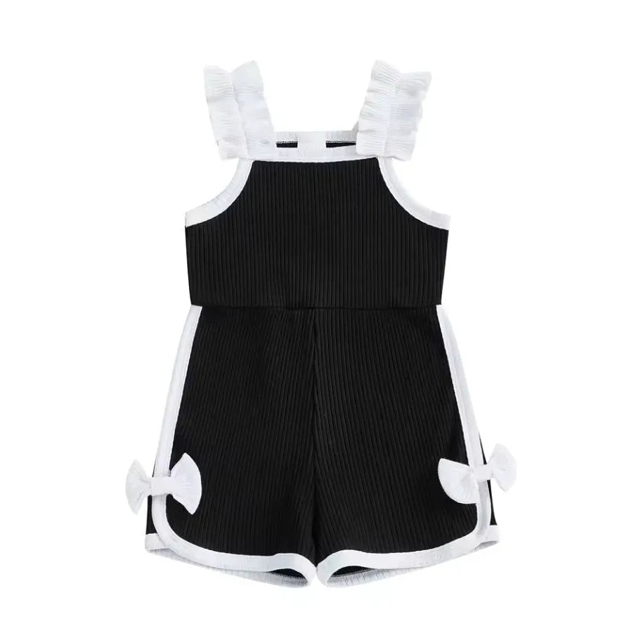 Cotton flounced sleeve bowknot suspenders jumpsuit shorts for toddler girls