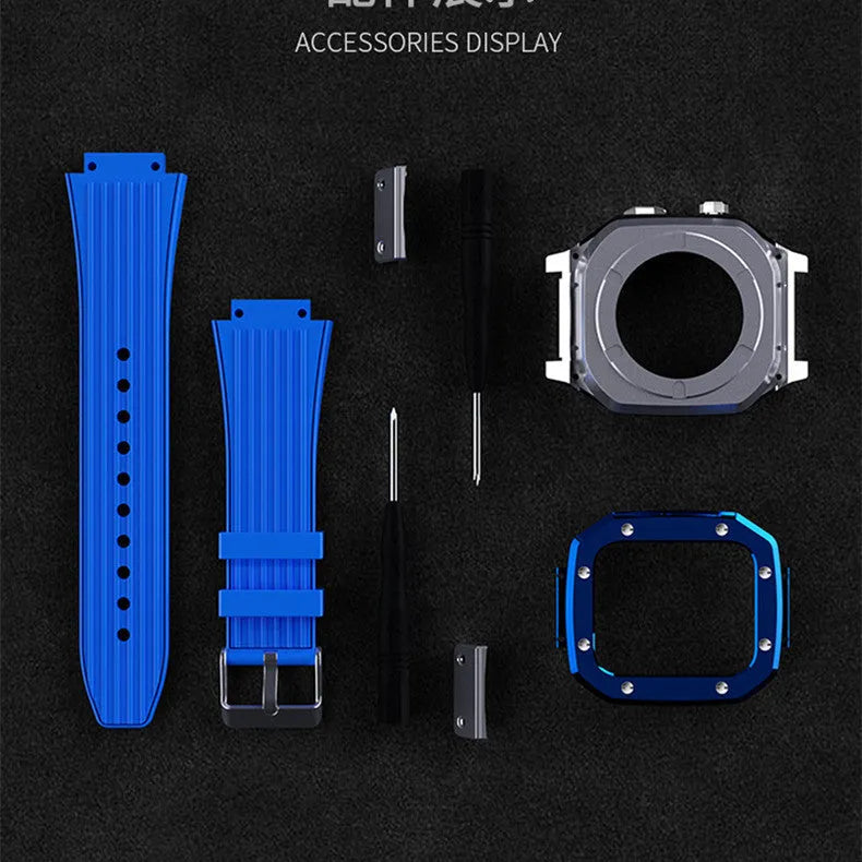 All-in-one smart watch case and strap in stainless steel and silicone for Apple Watch 44/45mm colours blue red army green yellow black