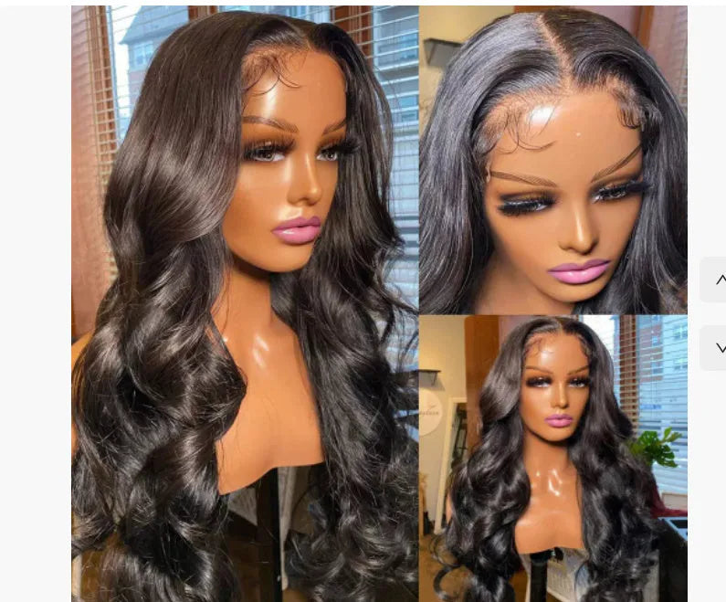 Black synthetic long wave wig with lace front on a mannequin head, showing pre-plucked hairline