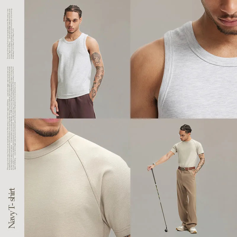 Navy men's slim fit short sleeve t-shirt on a hanger