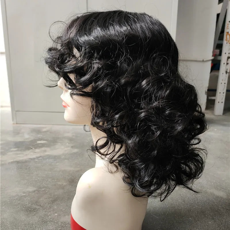 Black synthetic women's Afro wig with long curly exotic style on display