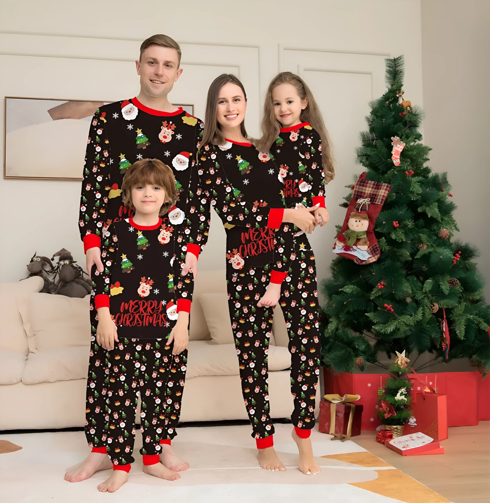 Family wearing matching Christmas pyjamas with plaid and cartoon prints, including adults, children and a dog in coordinated sleepwear