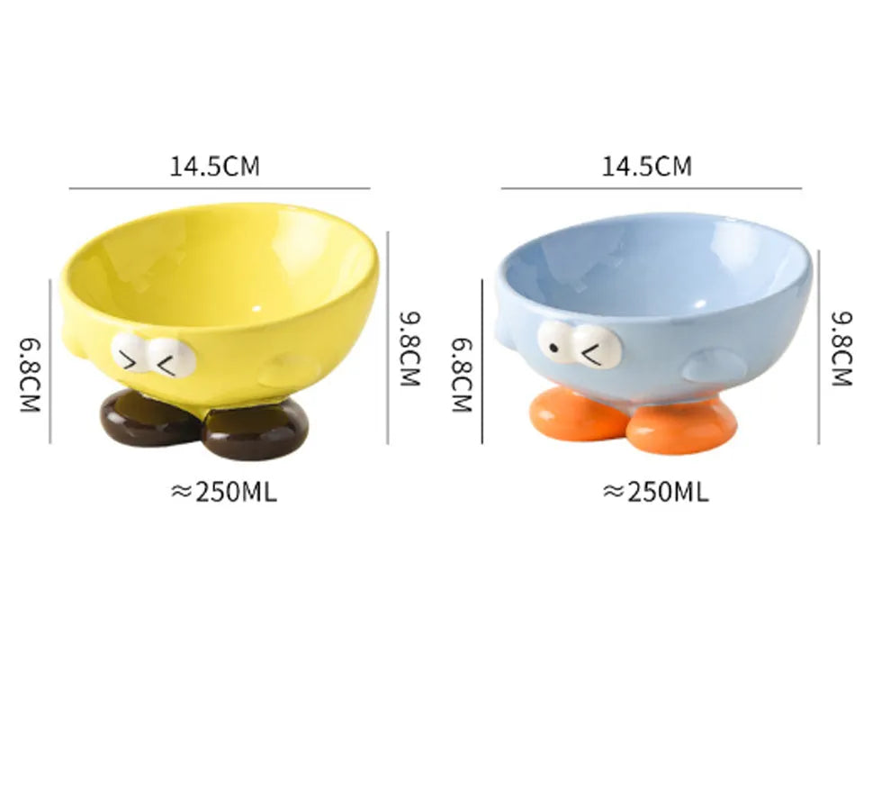 Ceramic pet bowl with oblique design and cute expressions for cervical spine protection