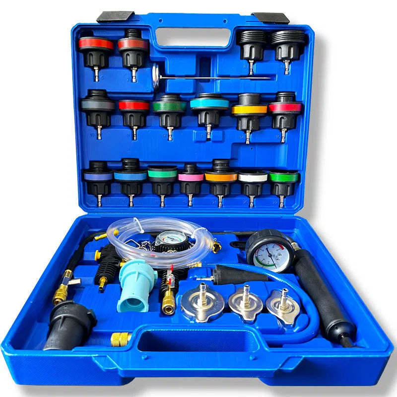 28-piece car water tank pressure leak detector set in a small blue box for car maintenance