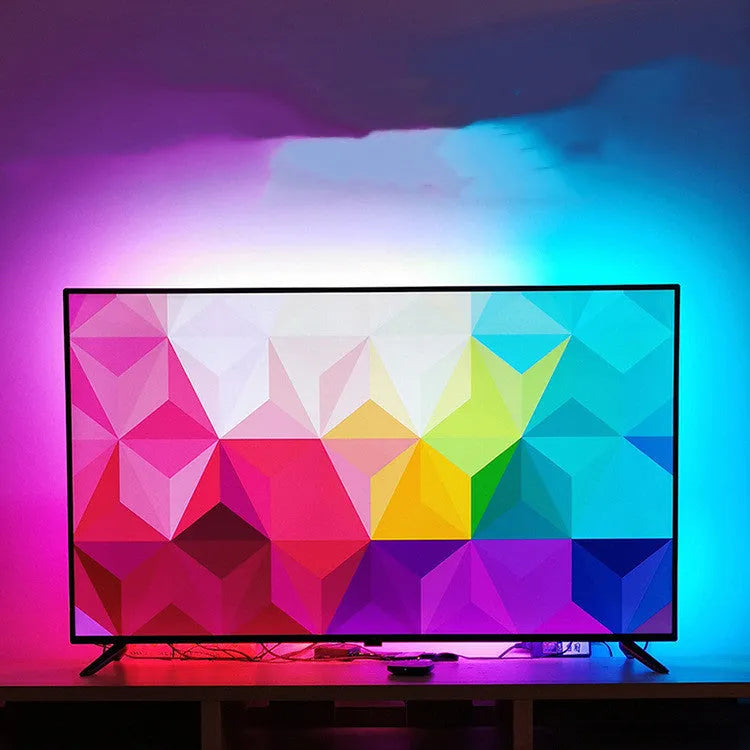 TV atmosphere light with graffiti smart projector curtain background lighting on a large screen