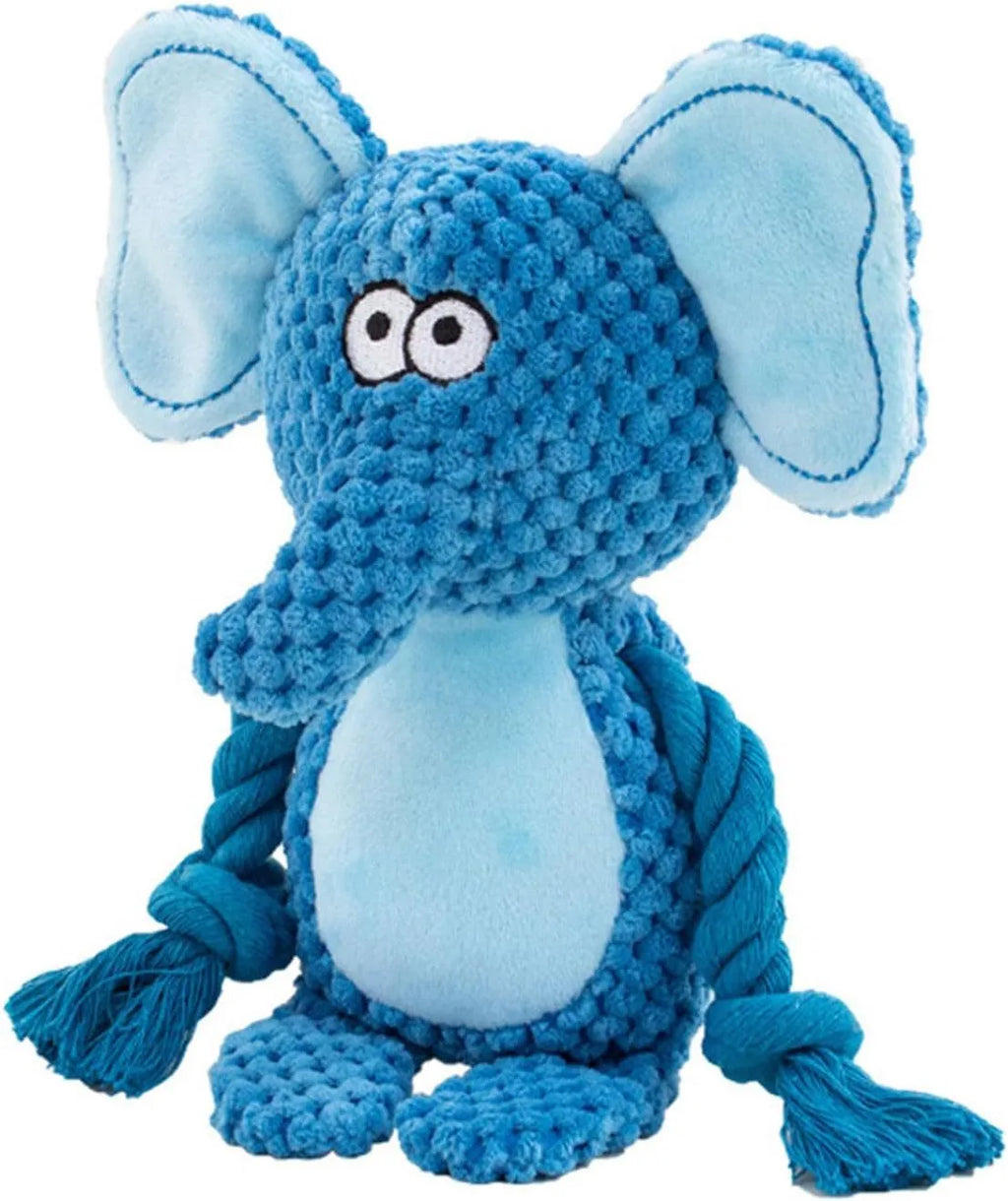 Plush dog toy with squeaker, crinkle paper and cotton rope in animal designs for small medium dogs