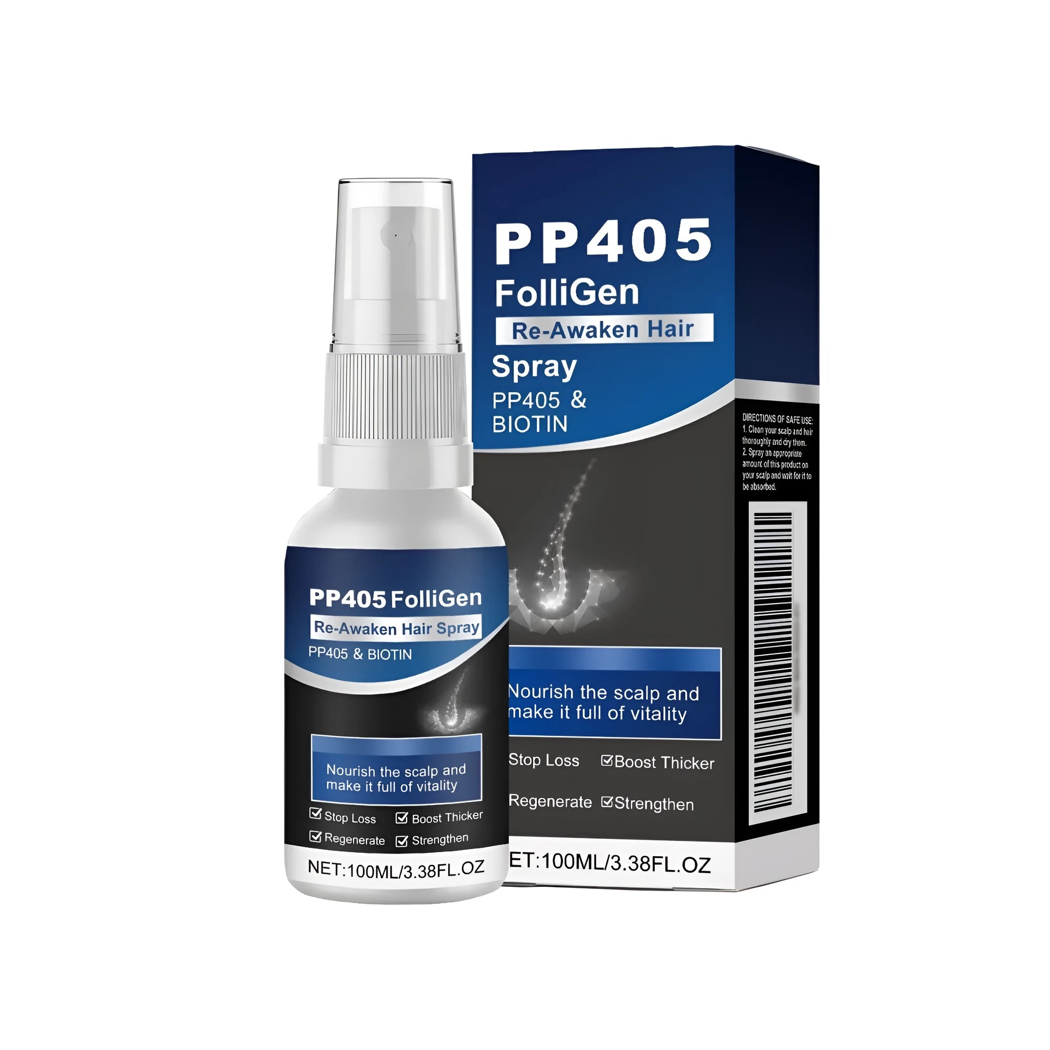 100ml bottle of hair nourishing spray containing biotin, Platthana oil and natural botanical ingredients