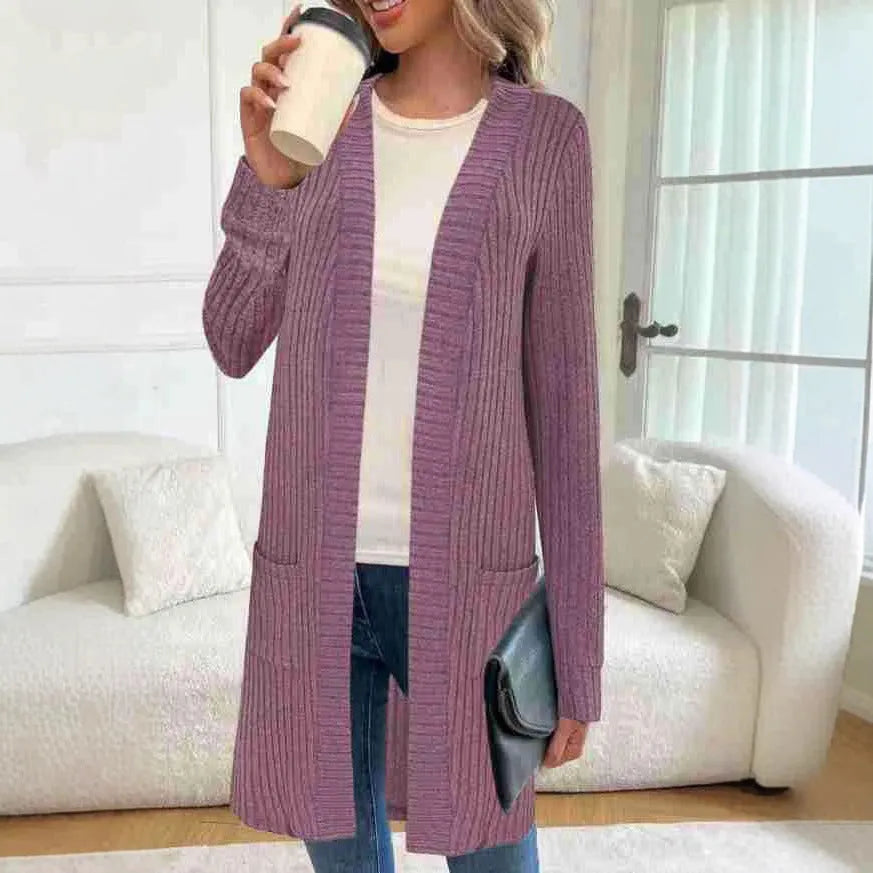 Long sleeve loose fit knitted cardigan jacket with pockets in black, wine red, or grey