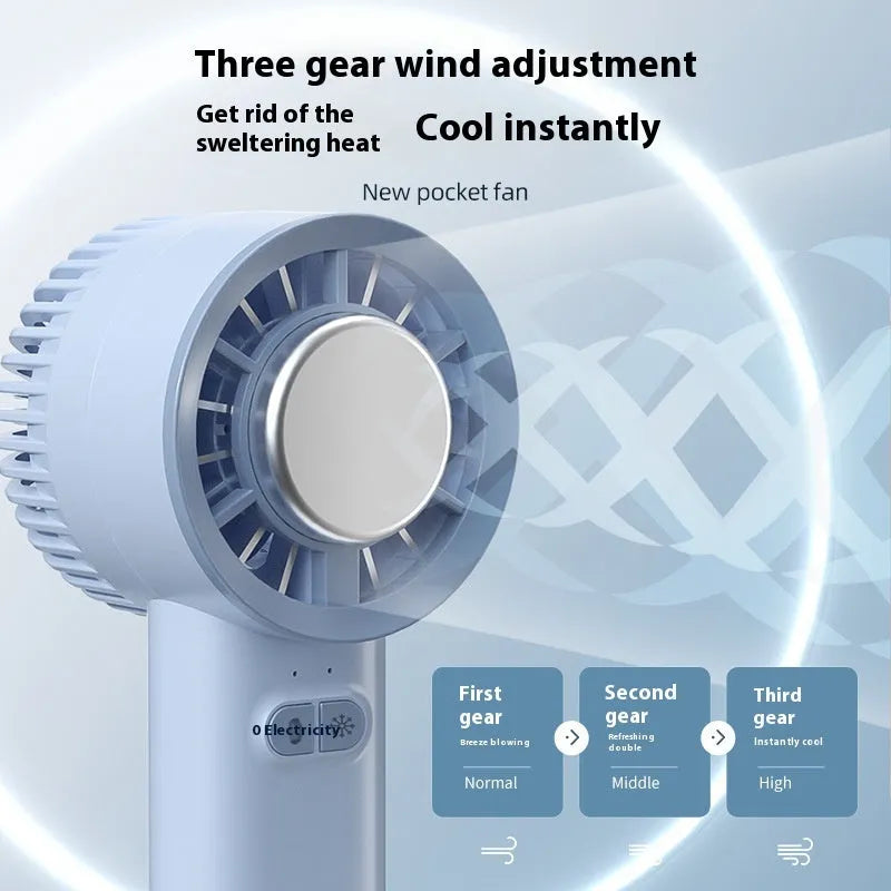 White and light blue handheld portable fan with touch controls and three blades.