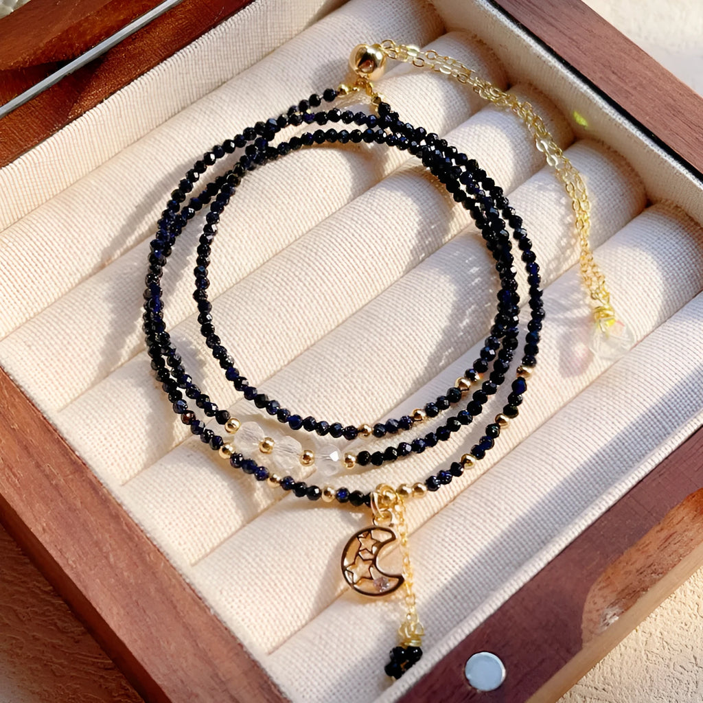 Blue gold sand stone cut three-ring women's bracelet with adjustable sliding clasp