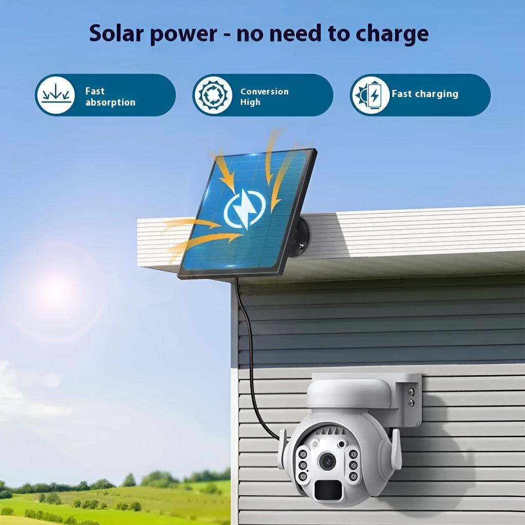 White solar-powered security camera with solar panel on top, mounted on an outdoor wall.