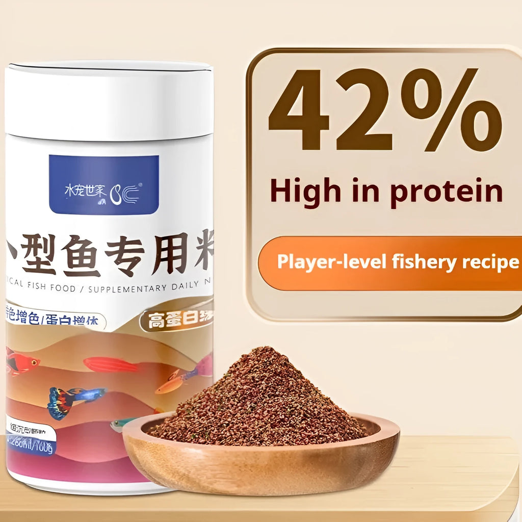 Small fish food granules in a bottle, 0.2mm to 0.6mm, 150ml or 260ml, 60g or 100g